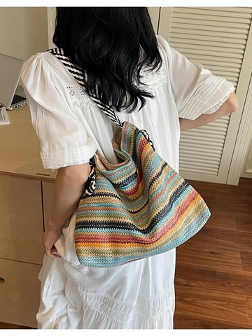 Bohemian Large Straw Woven Tote Bag For Women With Striped Straps Bow Detail Casual Beach Vacation Shoulder Bag Handbag