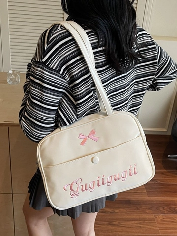 Women's PU Leather Shoulder Bag Large Capacity Bow Letter Embroidery JK Academy Style Versatile Crossbody Tote Bag