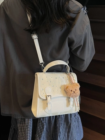 Fashion PU Leather Mini Backpack For Women With Rhinestone Decor Plush Bear Pendant Versatile Convertible Shoulder Bag