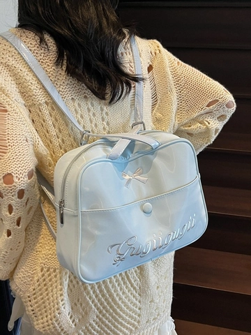 Women's PU Leather Shoulder Bag Large Capacity Bow Letter Embroidery JK Academy Style Versatile Crossbody Tote Bag