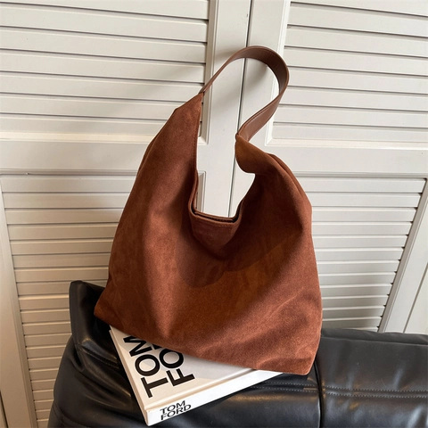 Vintage Suede Tote Bag And Pouch For Women Large Capacity Minimalist Hobo Shoulder Bag Magnetic Snap Handbag Daily Utility