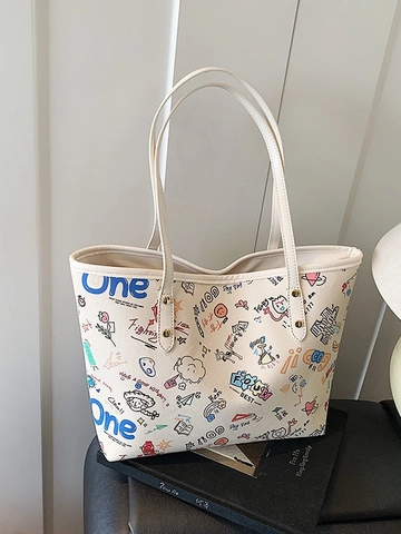 Women Large Capacity Printed PU Leather Tote Bag Casual Graffiti Shoulder Bag Fashion Commuting Shopping Handbag For Girls