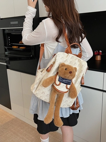 Women Fashion Cartoon Bear Print Backpack Large Capacity PU Leather Travel Bag With Plush Bear Pendant Casual School Daypack