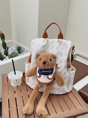 Women Fashion Cartoon Bear Print Backpack Large Capacity PU Leather Travel Bag With Plush Bear Pendant Casual School Daypack