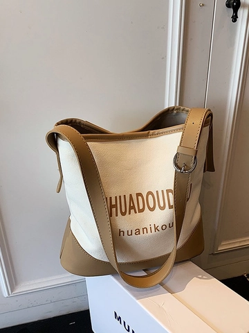 Γυναικεία Casual Τσάντα Bucket από Καμβά Patchwork Μεγάλη Χωρητικότητα Εκτύπωση Γραμμάτων Τσάντα Ώμου για Μετακίνηση Ταξίδια Σχολείο