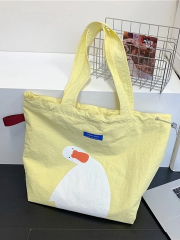 Cute Cartoon Duck Printed Canvas Tote Bag Large Capacity Drawstring Shoulder Handbag Casual Shopping School Book Bag For Women