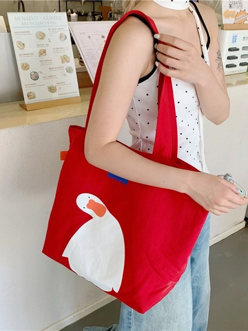 Cute Cartoon Duck Printed Canvas Tote Bag Large Capacity Drawstring Shoulder Handbag Casual Shopping School Book Bag For Women