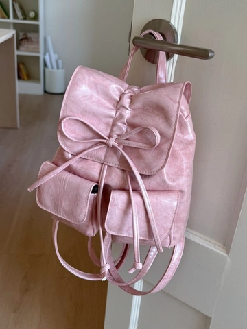 Women Korean Style PU Leather Mini Backpack With Bow Decor Fashion Wrinkled Small Travel Rucksack For Daily Use Girls