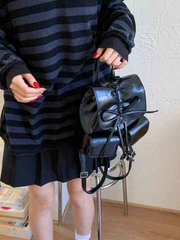 Women Korean Style PU Leather Mini Backpack With Bow Decor Fashion Wrinkled Small Travel Rucksack For Daily Use Girls