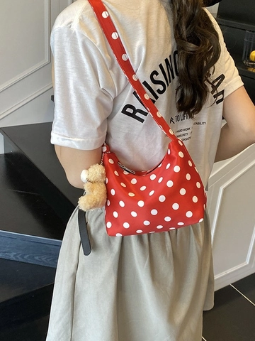 Vintage Polka Dot Hobo Shoulder Bag For Women Small Cloth Underarm Tote Bag With Removable Plush Bear Pendant Daily Travel