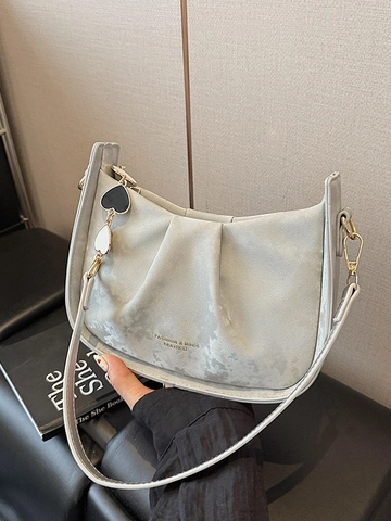 Fashion Women Pleated Bucket Bag PU Leather Heart Charms Shoulder Crossbody Bag Cream Yellow Purple Silver Black Versatile Handbag