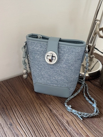 Fashion Women Bucket Bag Denim PU Stitching Chain Strap Small Crossbody Bag Mini Shoulder Purse with Rotation Lock
