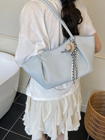 Sac Cabas Femme Grande Capacité Mode Motif Litchi Cuir PU Sac à Épaule Décontracté Navette Sac à Main Avec Charme Chapeau de Paille
