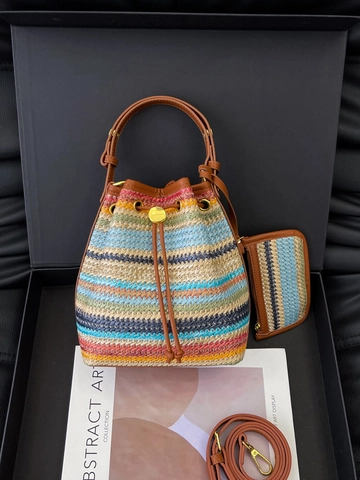 Dames Zomer Stro Geweven Emmer Tas Multicolor Streep Strand Vakantie Crossbody Schoudertas Trekkoord Handtas Met Kleine Tas