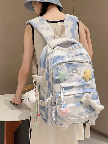 Trendy Tie-Dye Nylon Backpack Large Capacity School Bag With Star Pendants Fashion Japanese Style Travel Bag For Students