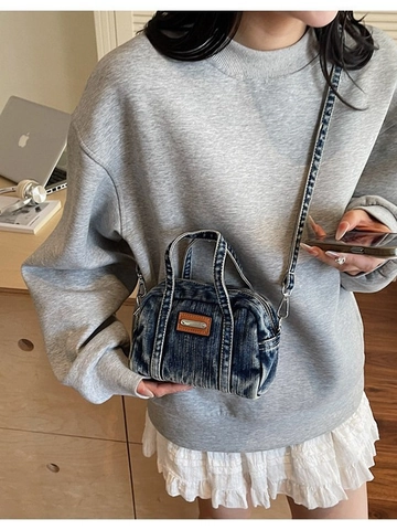 Women Retro Denim Crossbody Bag Korean Style Small Pillow Handbag With Adjustable Shoulder Strap Vintage Wash Denim Shoulder Bag
