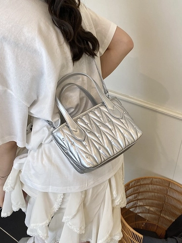 Women Rhinestone Quilted PU Leather Bucket Bag Wavy Matelasse Shoulder Bag Fashion Small Crossbody Chain Bag Versatile Purse