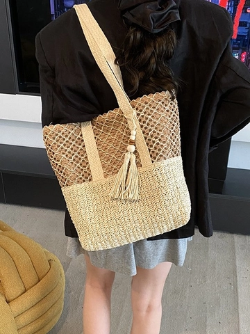 Women Fashion Hollow Straw Woven Shoulder Bag Bohemian Vacation Beach Tote Bag Casual Hand-woven Handbag With Tassel Decoration