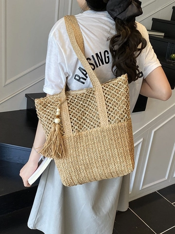 Women Fashion Hollow Straw Woven Shoulder Bag Bohemian Vacation Beach Tote Bag Casual Hand-woven Handbag With Tassel Decoration