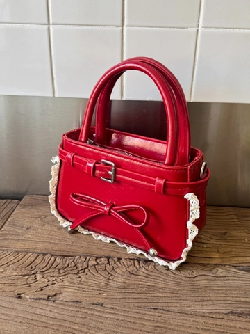 Bolso de Cubo de Cuero PU Dulce Retro para Mujer Con Lazo Y Borde de Encaje Bolso de Bandoliera Moda Casual para Diario Fiesta