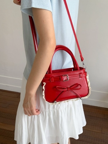 Bolso de Cubo de Cuero PU Dulce Retro para Mujer Con Lazo Y Borde de Encaje Bolso de Bandoliera Moda Casual para Diario Fiesta