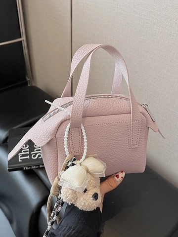 Damen Mini PU Leder Litschi Muster Handtasche Minimalistische Top Handle Kleine Quadratische Tasche Mit Optionalem Plüsch Anhänger