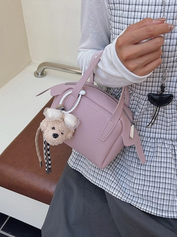 Damen Mini PU Leder Litschi Muster Handtasche Minimalistische Top Handle Kleine Quadratische Tasche Mit Optionalem Plüsch Anhänger
