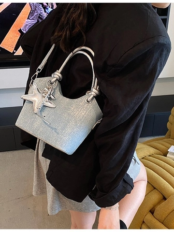 Femmes Mode PU Cuir Paillettes Étoile Charme Sac Seau Sac Bandoulière Avec Poignée Nouée Et Bandoulière Réglable