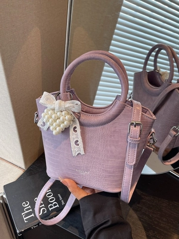 Sac Seau Elégant pour Femme en Similicuir PU à Motif Crocodile Sac à Bandoulière Avec Pendentif Perle Artificielle Nœud en Dentelle