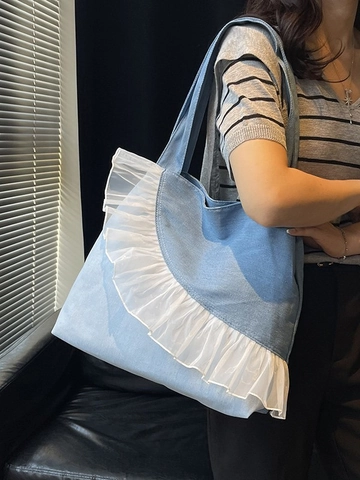 Women Large Capacity Denim Tote Bag With Mesh Ruffle Patchwork Casual Shoulder Bag For Daily Commuting Office Fashion