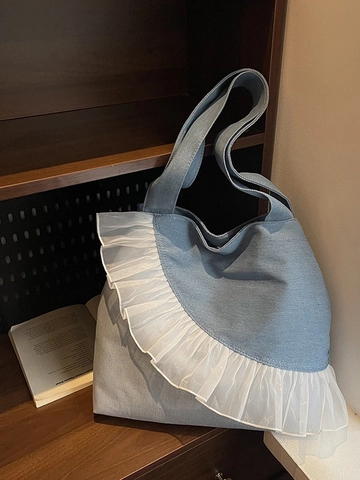 Women Large Capacity Denim Tote Bag With Mesh Ruffle Patchwork Casual Shoulder Bag For Daily Commuting Office Fashion