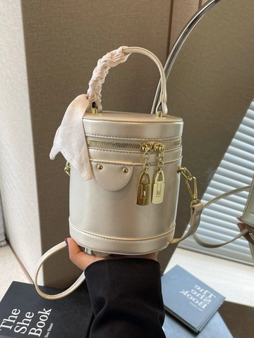 Retro PU Leather Bucket Bag For Women With Silk Scarf Handle Golden Lock Zipper Small Shoulder Crossbody Bag Fashion Gift