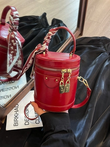 Retro PU Leather Bucket Bag For Women With Silk Scarf Handle Golden Lock Zipper Small Shoulder Crossbody Bag Fashion Gift