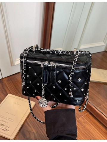 Damen Luxus Gesteppte PU Leder Schminktasche Mit Strass Kamellenanhänger Kette Umhängetasche Box Eimer Handtasche