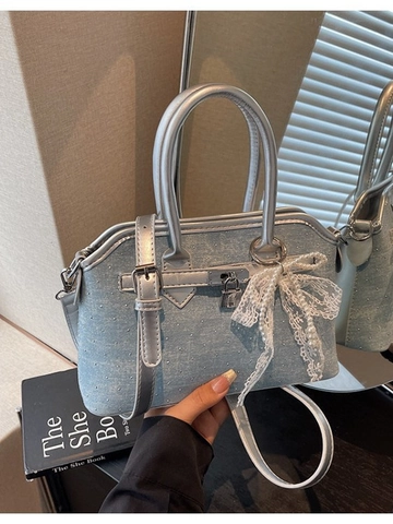 Women Denim Kelly Style Crossbody Bag Retro Denim Cloth Handbag With Lace Bow Artificial Pearl Charm Metal Lock Small Square Bag