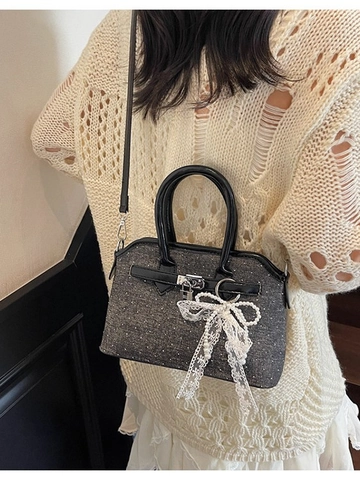 Women Denim Kelly Style Crossbody Bag Retro Denim Cloth Handbag With Lace Bow Artificial Pearl Charm Metal Lock Small Square Bag