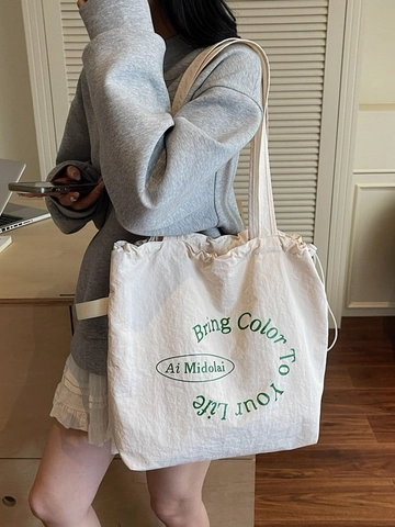 Canvas Tote Bag Women Large Capacity Letter Print Drawstring Shoulder Bag Casual Lightweight Commuter Shopping Handbag