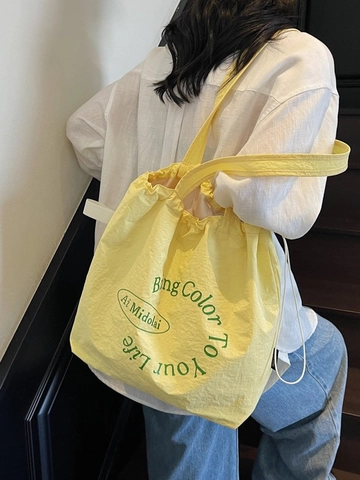 Canvas Tote Bag Women Large Capacity Letter Print Drawstring Shoulder Bag Casual Lightweight Commuter Shopping Handbag