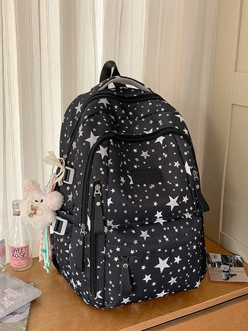 Grote Capaciteit Schoolrugzak Met Sterrenpatroon Voor Tienermeisjes Zoete Nylon Rugzak Met Plüsch Hanger Bedrukte Sterren Tas