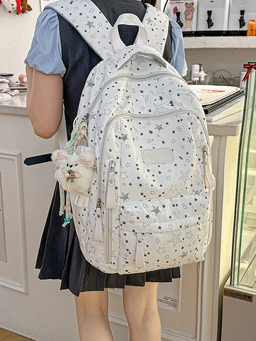Grote Capaciteit Schoolrugzak Met Sterrenpatroon Voor Tienermeisjes Zoete Nylon Rugzak Met Plüsch Hanger Bedrukte Sterren Tas