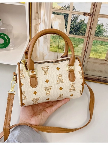 Women's Mini Boston Bag Cute Bear Print Cylinder Crossbody Bag PU Leather Small Handbag Fashion Stitching Shoulder Bag