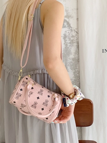 Women's Mini Boston Bag Cute Bear Print Cylinder Crossbody Bag PU Leather Small Handbag Fashion Stitching Shoulder Bag