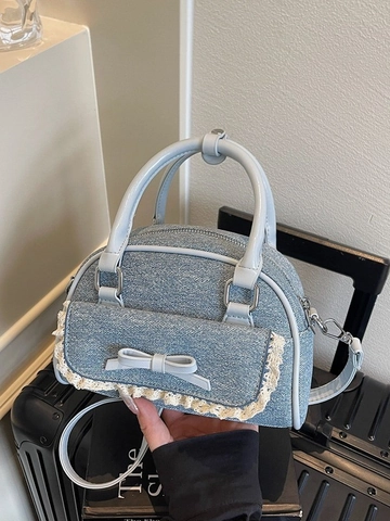 Women Balletcore Retro Bow Shell Bag PU Leather Denim Texture Lace Trim Mini Top Handle Handbag Sweet Crossbody Shoulder Bag