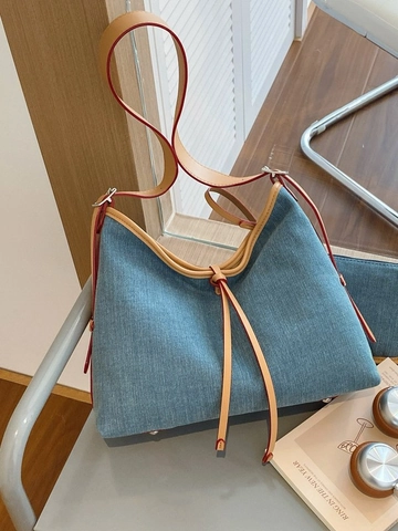 Casual Denim Tote Bag Voor Dames Grote Hobo Schoudertas Met Mini Pouch Denim Stof En PU Leren Trim Woon-werkverkeer Tas