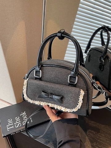 Women Balletcore Retro Bow Shell Bag PU Leather Denim Texture Lace Trim Mini Top Handle Handbag Sweet Crossbody Shoulder Bag