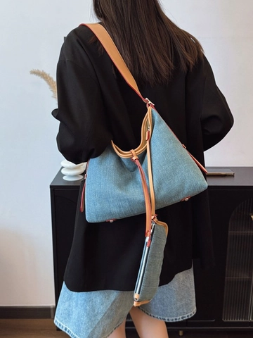 Casual Denim Tote Bag Voor Dames Grote Hobo Schoudertas Met Mini Pouch Denim Stof En PU Leren Trim Woon-werkverkeer Tas
