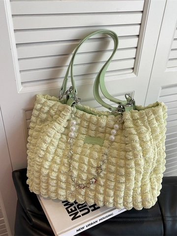 Women High Sense Popcorn Texture Tote Bag Large Capacity Shoulder Bag With Artificial Pearl Chain Fashion Underarm Bag
