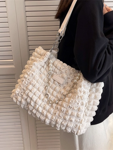 Women High Sense Popcorn Texture Tote Bag Large Capacity Shoulder Bag With Artificial Pearl Chain Fashion Underarm Bag