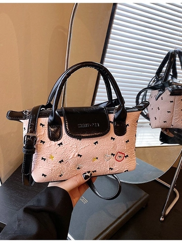 Bolso de Mano de Mujer Dulce de Cuero PU con Lazo y Bordado de Oso Moda Coreana Bolso de Bandolera Plisado de Color Contrastado para Uso Diario