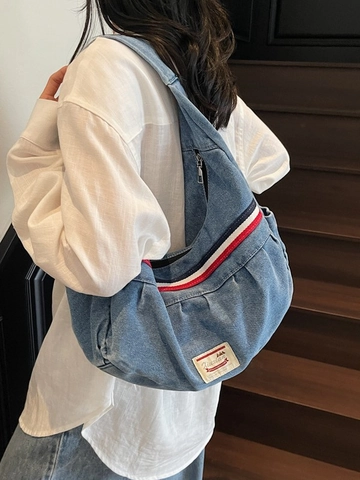Women Vintage Denim Hobo Shoulder Bag Large Capacity Underarm Bag With Striped Webbing Casual Washed Denim Tote Bag